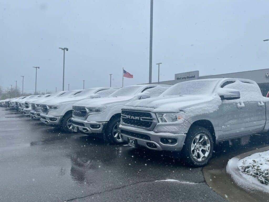 trucks covered with snow