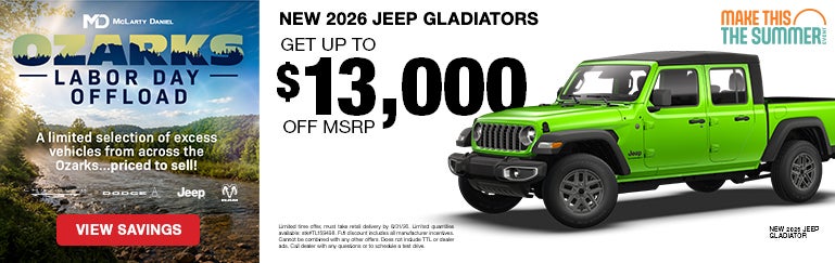 Get up to $13,000 off MSRP on NEW 2026 JEEP GLADIATORS!